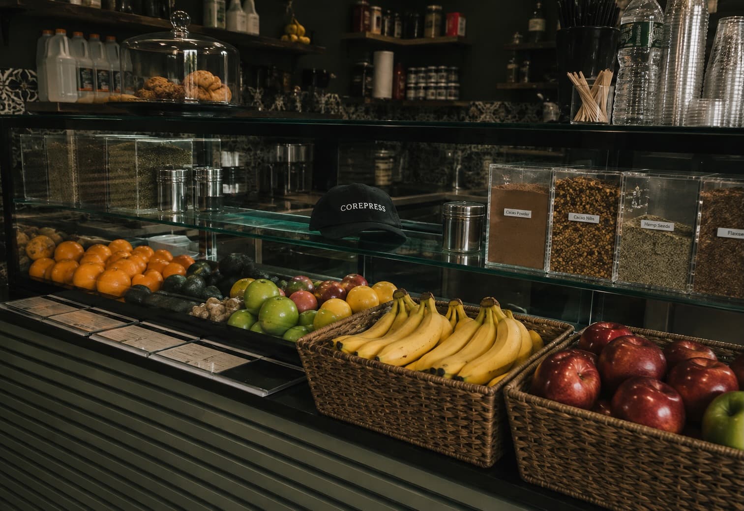 Fresh fruit and ingredients displayed at the CorePress juice bar counter